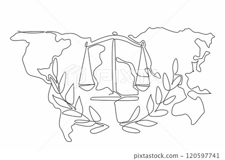 Continuous one line drawing a scales of justice on the world map background. Global commitment to fairness and peace. Triumph. World Day of Social Justice. Single line draw design vector illustration 120597741