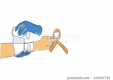 Continuous one line drawing two arms are bandaging wound of other injured arm with bandage. Providing assistance to patients. Self-Injury Awareness Day. Single line draw design vector illustration 120597742