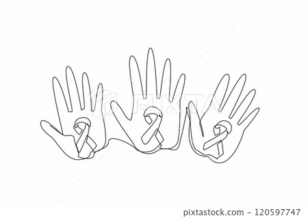 Single continuous line drawing three palms with campaign colors. The diverse perspectives. Experiences. Survivorship. Awareness. Support. Life. Rare Disease Day. One line design vector illustration Single continuous line drawing three palms with campaign colors. The diverse perspectives. Experiences. Survivorship. Awareness. Support. Life. Rare Disease Day. One line design vector illustration 120597747