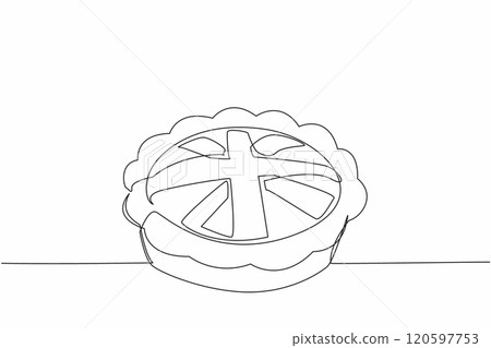 Single continuous line drawing Great Britain flag shaped pie surface in a round pan. The golden brown color invites anyone to try it. Celebration. British Pie Week. One line design vector illustration Single continuous line drawing Great Britain flag shaped pie surface in a round pan. The golden brown color invites anyone to try it. Celebration. British Pie Week. One line design vector illustration 120597753
