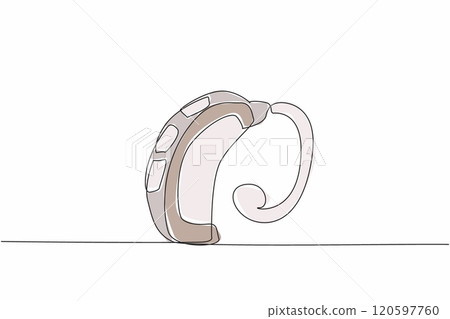 Continuous one line drawing hearing aid technology. Solution for anyone who is hard of hearing. Technological advancement. Amplify sound. World Hearing Day. Single line draw design vector illustration 120597760