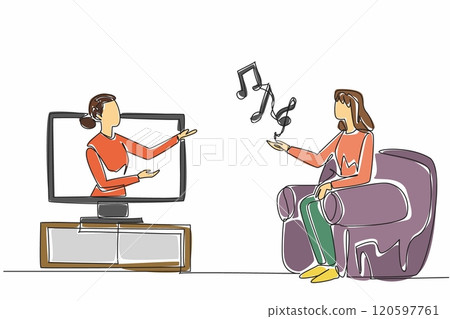 Single one line drawing woman comes out of television monitor holding some tone symbols. Online consultation. Calming tones. Relax. World Music Therapy Day. Continuous line design graphic illustration 120597761