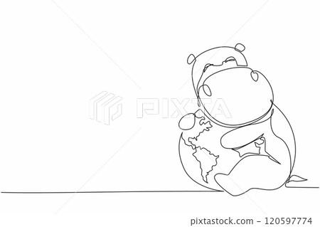 Single one line drawing cute hippopotamus hugging globe. Maintaining ecological balance. Save the earth to be comfortable home for them. World Wildlife Day. Continuous line design graphic illustration 120597774