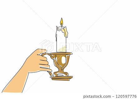 Single one line drawing hand holding candlestick with a lit candle. Share light and warmth. The only source of light in the darkness. World Candle Day. Continuous line design graphic illustration 120597776