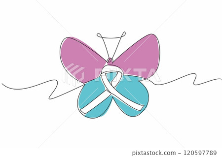 Single one line drawing ribbon in the middle of the butterfly. Step by step passed. Like being reborn. New generation. New hope. Zero Discrimination Day. Continuous line design graphic illustration 120597789