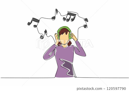 Single one line drawing hand holding headphones as several sound symbols fly above woman's head. A musical escape. Peace. Solace. World Music Therapy Day. Continuous line design graphic illustration 120597790