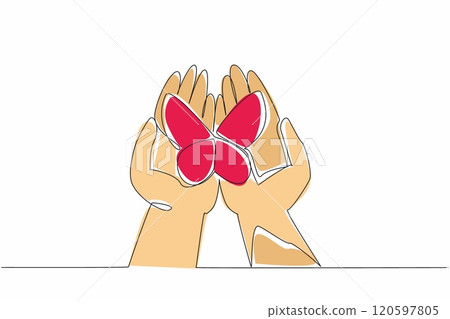 Single continuous line drawing butterflies perched on two open palms. Rolling out new hope. Openness to welcome differences. Regeneration. Zero Discrimination Day. One line design vector illustration 120597805
