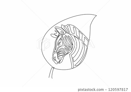 Continuous one line drawing zebra head in the middle of the leaf. Nature. Biodiversity. Protecting endangered species. Natural habitats. World Wildlife Day. Single line draw design vector illustration Continuous one line drawing zebra head in the middle of the leaf. Nature. Biodiversity. Protecting endangered species. Natural habitats. World Wildlife Day. Single line draw design vector illustration 120597817