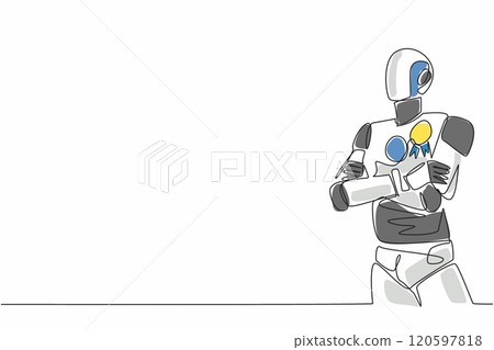 Single one line drawing a robot stands with arms crossed, medal pinned to chest. Winner of the future of innovation. Technology. Employee Appreciation Day. Continuous line design graphic illustration Single one line drawing a robot stands with arms crossed, medal pinned to chest. Winner of the future of innovation. Technology. Employee Appreciation Day. Continuous line design graphic illustration 120597818