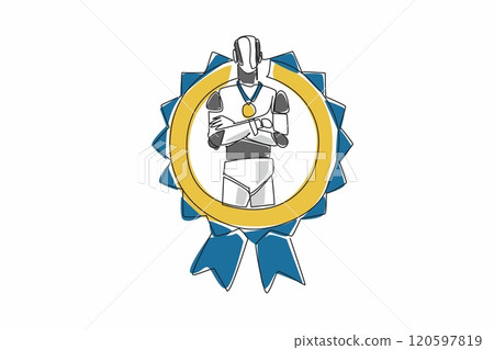 Single continuous line drawing robot crossed arm on chest while medal around neck. The rise of artificial intelligence. High technology. Employee Appreciation Day. One line design vector illustration Single continuous line drawing robot crossed arm on chest while medal around neck. The rise of artificial intelligence. High technology. Employee Appreciation Day. One line design vector illustration 120597819