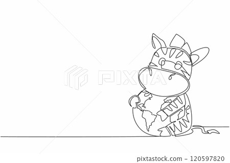 Single continuous line drawing cute zebra hugging globe. The vast and green grassland is the best place for them. Prevent them from extinction. World Wildlife Day. One line design vector illustration Single continuous line drawing cute zebra hugging globe. The vast and green grassland is the best place for them. Prevent them from extinction. World Wildlife Day. One line design vector illustration 120597820