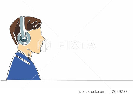 Continuous one line drawing man wearing headphones. Focus on listening. Focus on listening. Music unravels problems. Calming. World Music Therapy Day. Single line draw design vector illustration Continuous one line drawing man wearing headphones. Focus on listening. Focus on listening. Music unravels problems. Calming. World Music Therapy Day. Single line draw design vector illustration 120597821