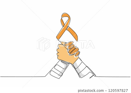 Single one line drawing two bandaged arms clasping each other. Orange ribbon above them. Together, we can make a difference. Self-Injury Awareness Day Continuous line design graphic illustration 120597827