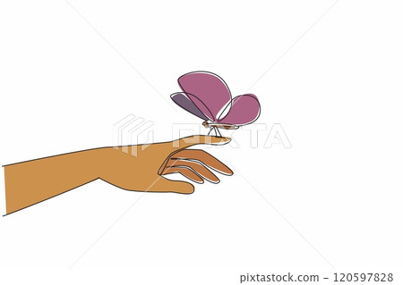 Continuous one line drawing butterfly perched on index finger. Hands of tenderness that can care for hope. Best future of humanity. Zero Discrimination Day. Single line draw design vector illustration 120597828