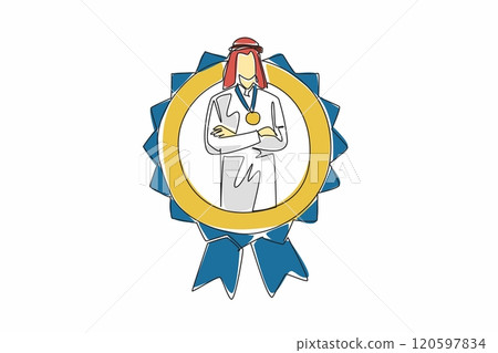 Continuous one line drawing Arabian man crossed arm on chest while medal around neck. Emphasizing the hard work behind success. Employee Appreciation Day. Single line draw design vector illustration Continuous one line drawing Arabian man crossed arm on chest while medal around neck. Emphasizing the hard work behind success. Employee Appreciation Day. Single line draw design vector illustration 120597834