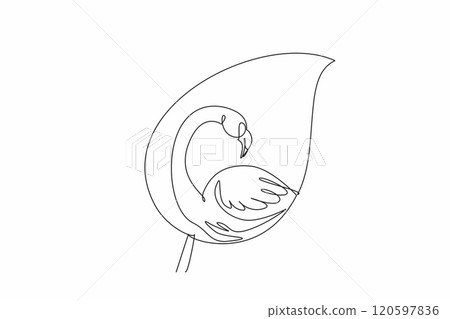 Single continuous line drawing flamingo head and body in the middle of the leaf. Do not disturb the balance of nature. Let it grow and develop. World Wildlife Day. One line design vector illustration 120597836