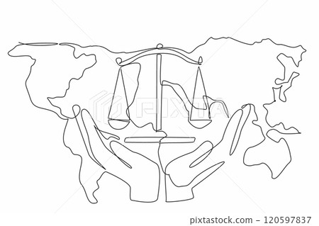 Single one line drawing two hands holding the scale on the world map background. Human effort to support justice in the world. World Day of Social Justice. Continuous line design graphic illustration 120597837