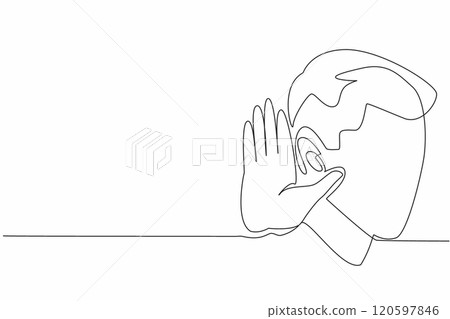 Continuous one line drawing man holding ear. Listening on conversation. Desire to gather information. The desire to find out anything. World Hearing Day. Single line draw design vector illustration 120597846