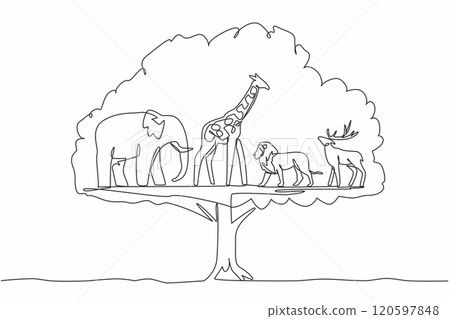 Single one line drawing in the leaves of the big tree there are giraffe, elephant, deer and lion. Eternity in the shady tree. Balance. World Wildlife Day. Continuous line design graphic illustration 120597848