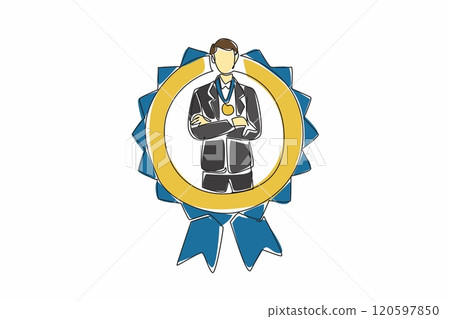 Single one line drawing man in suit and tie crossed arm on chest while medal around neck. Achieve remarkable success. Level up. Employee Appreciation Day. Continuous line design graphic illustration 120597850