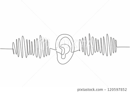 Single one line drawing ear in middle of the equalizer graph. Adjust the sound balance. Bass. Treble. More beautiful to hear. Equalize. World Hearing Day. Continuous line design graphic illustration Single one line drawing ear in middle of the equalizer graph. Adjust the sound balance. Bass. Treble. More beautiful to hear. Equalize. World Hearing Day. Continuous line design graphic illustration 120597852