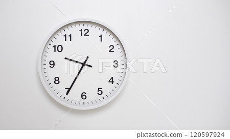 Clean White Clock at 09.35 or 21.35 on Minimalist White Background - Ideal for Time Concepts and Modern Design 120597924