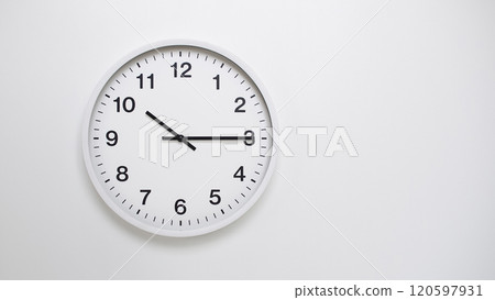 Clean White Clock at 10.15 or 22.15 on Minimalist White Background - Ideal for Time Concepts and Modern Design 120597931