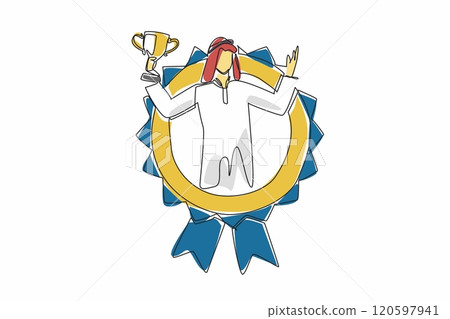 Single continuous line drawing Arabian man holding trophy. Cultural achievement. Success. Pioneering success with smart work. Level up. Employee Appreciation Day. One line design vector illustration Single continuous line drawing Arabian man holding trophy. Cultural achievement. Success. Pioneering success with smart work. Level up. Employee Appreciation Day. One line design vector illustration 120597941