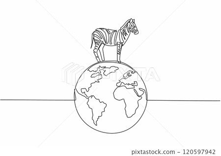 Single one line drawing globe with zebra on top. Environmental conservation is needed to keep them from becoming extinct. Good habitat. World Wildlife Day. Continuous line design graphic illustration Single one line drawing globe with zebra on top. Environmental conservation is needed to keep them from becoming extinct. Good habitat. World Wildlife Day. Continuous line design graphic illustration 120597942