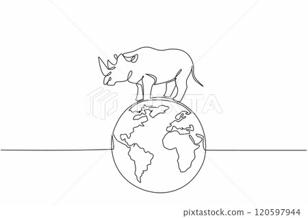 Single one line drawing globe with rhinoceros on top. Pastures must remain green, they must not be barren. Natural habitat. Conserve. World Wildlife Day. Continuous line design graphic illustration Single one line drawing globe with rhinoceros on top. Pastures must remain green, they must not be barren. Natural habitat. Conserve. World Wildlife Day. Continuous line design graphic illustration 120597944