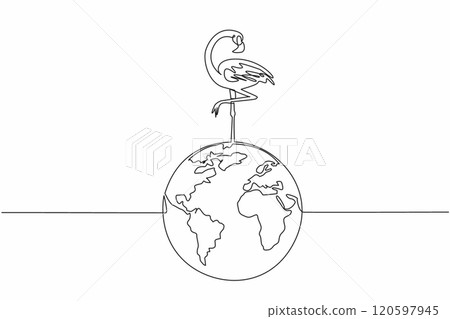Single continuous line drawing globe with flamingo on top. Avoid lake pollution by disposing of waste in its proper place. Keep habitat clean. World Wildlife Day. One line design vector illustration 120597945