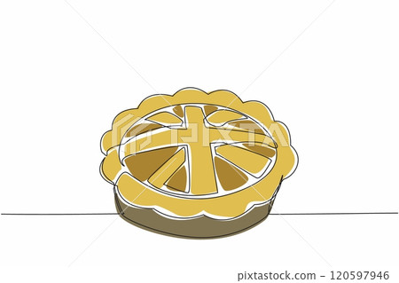 Single continuous line drawing Great Britain flag shaped pie surface in a round pan. The golden brown color invites anyone to try it. Celebration. British Pie Week. One line design vector illustration 120597946