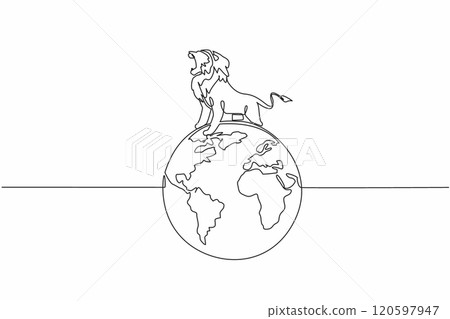 Continuous one line drawing globe with lion on top. Roar. Animal symbol number one. Top of the food chain. Fierce predator. Carnivore. World Wildlife Day. Single line draw design vector illustration 120597947