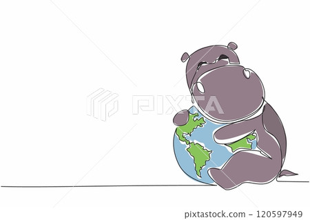 Single one line drawing cute hippopotamus hugging globe. Maintaining ecological balance. Save the earth to be comfortable home for them. World Wildlife Day. Continuous line design graphic illustration Single one line drawing cute hippopotamus hugging globe. Maintaining ecological balance. Save the earth to be comfortable home for them. World Wildlife Day. Continuous line design graphic illustration 120597949
