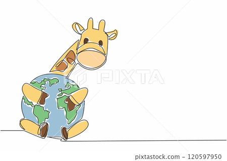 Single continuous line drawing cute giraffe hugging globe. Symbol of longing. Longing for a comfortable place before global warming. Habitat. World Wildlife Day. One line design vector illustration Single continuous line drawing cute giraffe hugging globe. Symbol of longing. Longing for a comfortable place before global warming. Habitat. World Wildlife Day. One line design vector illustration 120597950