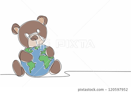 Single continuous line drawing cute bear hugs globe. Sit and hug with love. Missing the nature that was once comfortable. Conservation global. World Wildlife Day. One line design vector illustration 120597952