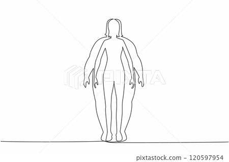 Single continuous line drawing silhouette of a slim body woman inside a fat body silhouette. Psychological impact. Struggling to have ideal body. World Obesity Day. One line design vector illustration 120597954