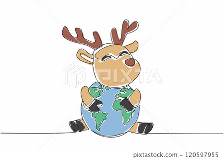 Continuous one line drawing cute deer hugging globe. Maintaining balance of nature so that they continue to reproduce. Comfort place. World Wildlife Day. Single line draw design vector illustration 120597955