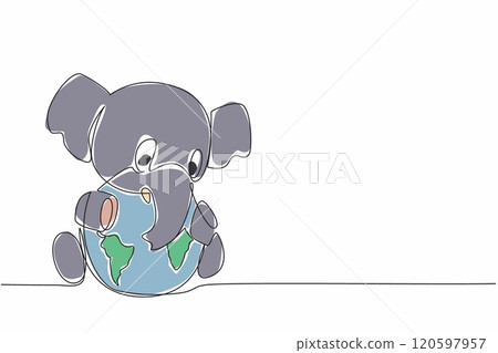 Single one line drawing a cute elephant hugging globe. Maintaining the sustainability of nature so that they do not become extinct. World Wildlife Day. Continuous line design graphic illustration 120597957