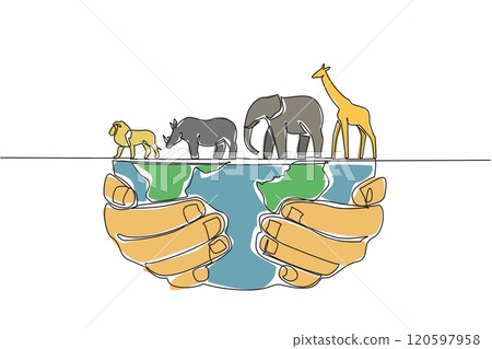 Single one line drawing giraffe, elephant, lion rhino on top of a half-held globe. Diversity of life on planet. Keeping from extinction. World Wildlife Day. Continuous line design graphic illustration 120597958