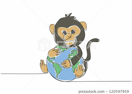 Continuous one line drawing cute monkey hugging globe. Protect from extinction. Make cultural heritage eternal with its life. Habitat. World Wildlife Day. Single line draw design vector illustration Continuous one line drawing cute monkey hugging globe. Protect from extinction. Make cultural heritage eternal with its life. Habitat. World Wildlife Day. Single line draw design vector illustration 120597959