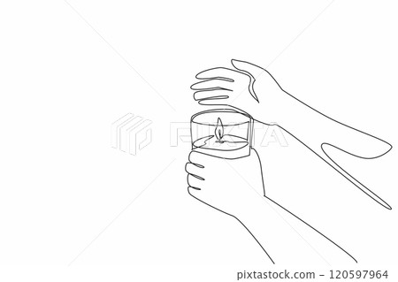 Continuous one line drawing hand holding a burning candle in a glass. Hand that provides protection. Extends the bright. Comfort. period World Candle Day. Single line draw design vector illustration 120597964