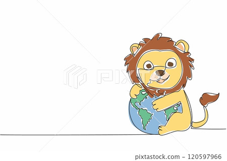 Single one line drawing cute lion hugging globe. Stop destroying nature. For sake of sustainability of the food chain. Avoid extinction World Wildlife Day. Continuous line design graphic illustration 120597966