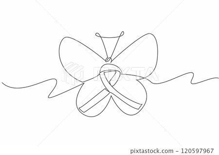 Single one line drawing ribbon in the middle of the butterfly. Step by step passed. Like being reborn. New generation. New hope. Zero Discrimination Day. Continuous line design graphic illustration 120597967