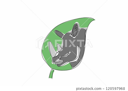 Single one line drawing the rhinoceros head in the middle of the leaf. Let it live in nature. Stop illegal hunting. Natural habitats. World Wildlife Day. Continuous line design graphic illustration 120597968