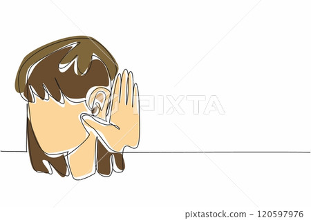 Single continuous line drawing woman holding her ear. Concentration required to hear. Avoiding miscommunication. Listen intently. Focus. Gesture. World Hearing Day. One line design vector illustration 120597976