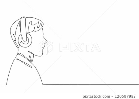Continuous one line drawing man wearing headphones. Focus on listening. Focus on listening. Music unravels problems. Calming. World Music Therapy Day. Single line draw design vector illustration Continuous one line drawing man wearing headphones. Focus on listening. Focus on listening. Music unravels problems. Calming. World Music Therapy Day. Single line draw design vector illustration 120597982
