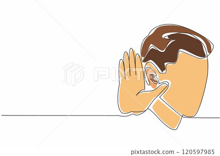 Continuous one line drawing man holding ear. Listening on conversation. Desire to gather information. The desire to find out anything. World Hearing Day. Single line draw design vector illustration 120597985