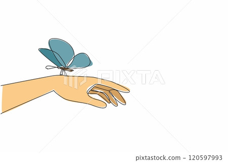 Continuous one line drawing the hand infested with butterfly. Treat the natural world with care and respect. Interconnectedness. Zero Discrimination Day. Single line draw design vector illustration 120597993