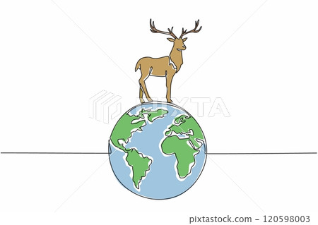 Continuous one line drawing globe with deer on top. Its existence maintains the balance of animal diversity. Hunt or be hunted. Natural. World Wildlife Day. Single line draw design vector illustration 120598003